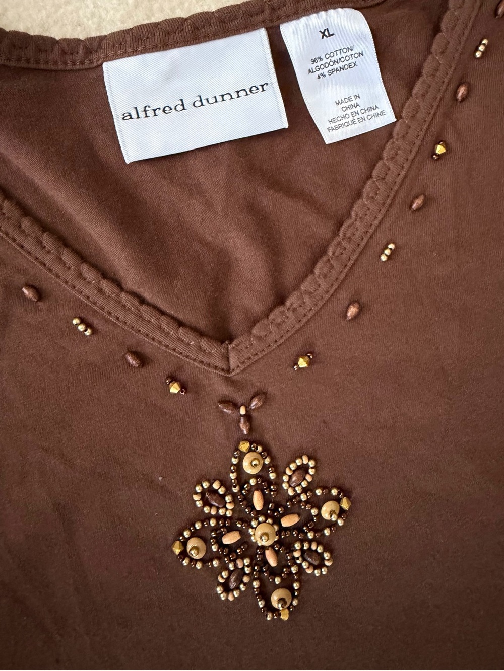 Alfred Dunner Brown V-Neck Short Sleeve Top with Gold Bead Embellishment